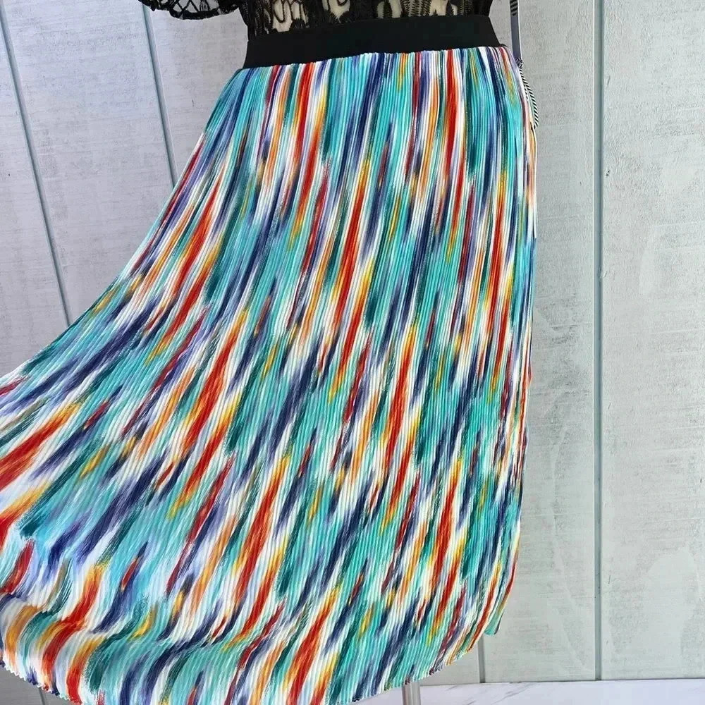 Story On Pleated Midi Skirt Multicolored Print Lined Sheer Elastic Waist - Picture 3 of 10